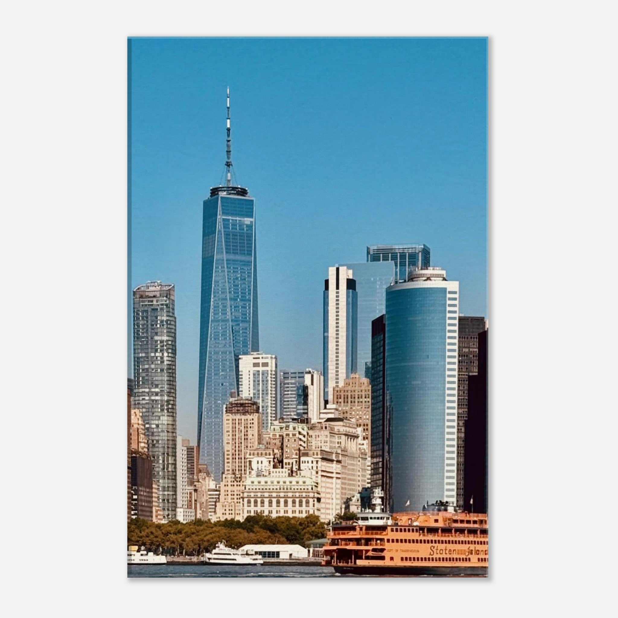 NYC skyline canvas print by My Store showing the World Trade Center and Staten Island Ferry in a vibrant cityscape image.