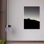 Black and white semi-glossy poster of Hollywood Hills fall moon scene in wooden frame, California studio edition print.