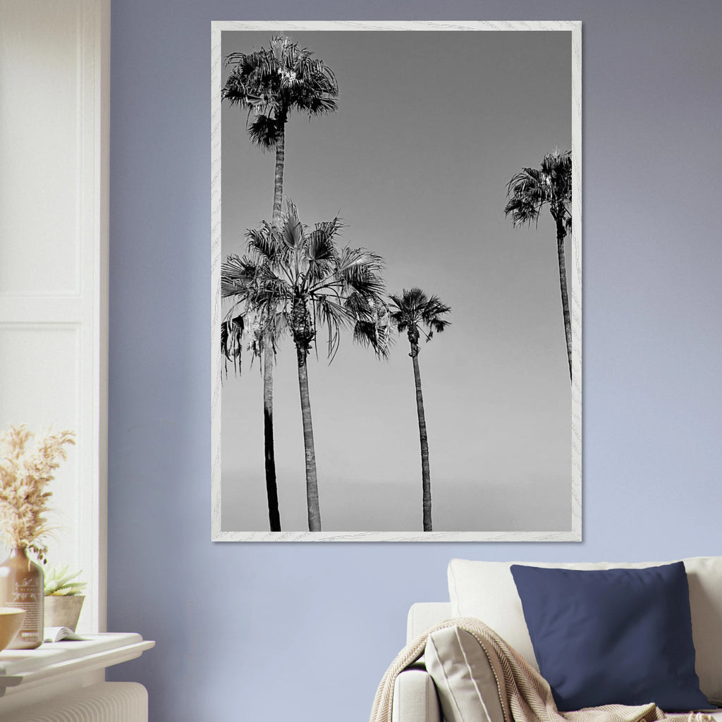 Black and white California poster art in a premium wooden frame featuring SoCal beach icons, part of the Studio Edition series.