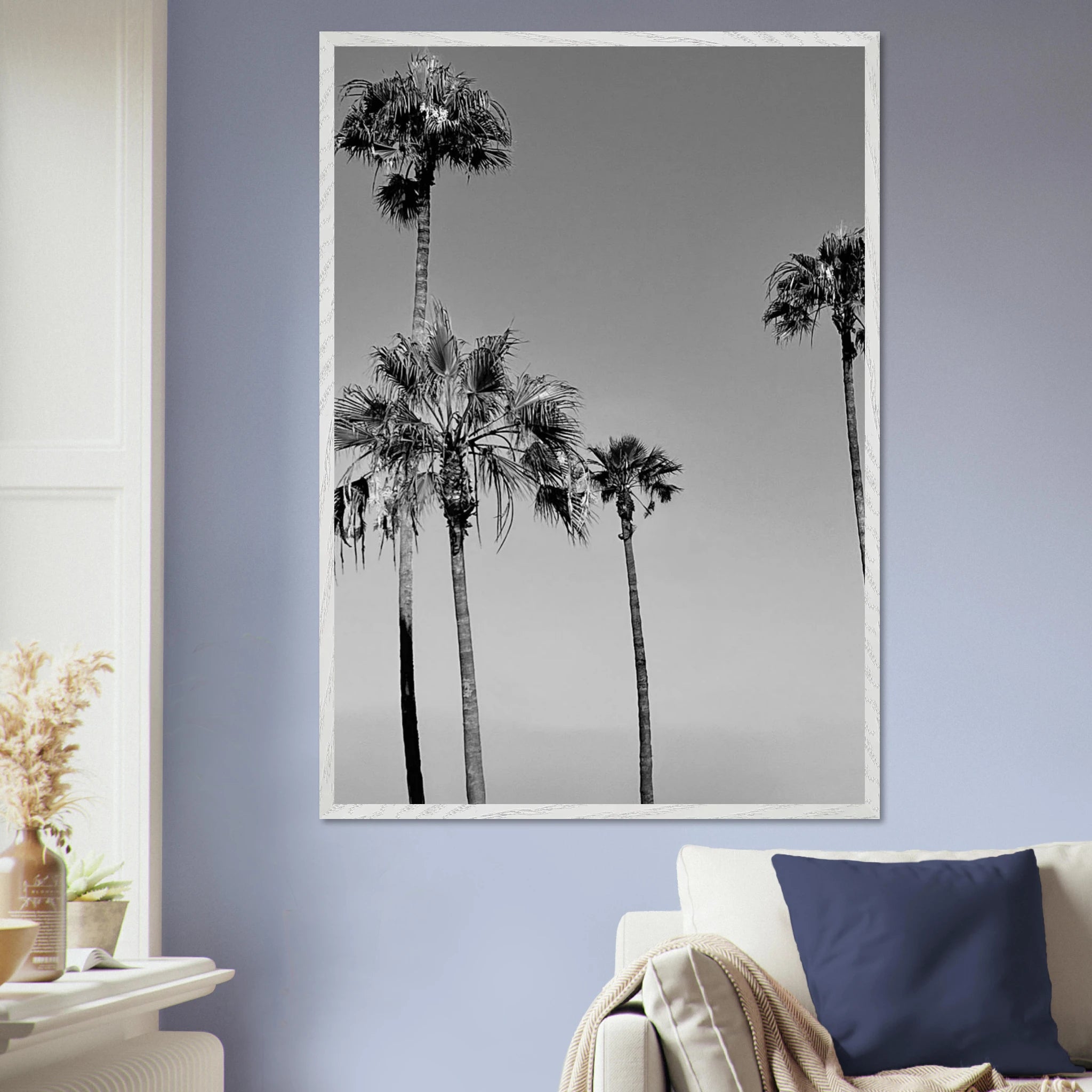 Black and white California poster art in a premium wooden frame featuring SoCal beach icons, part of the Studio Edition series.