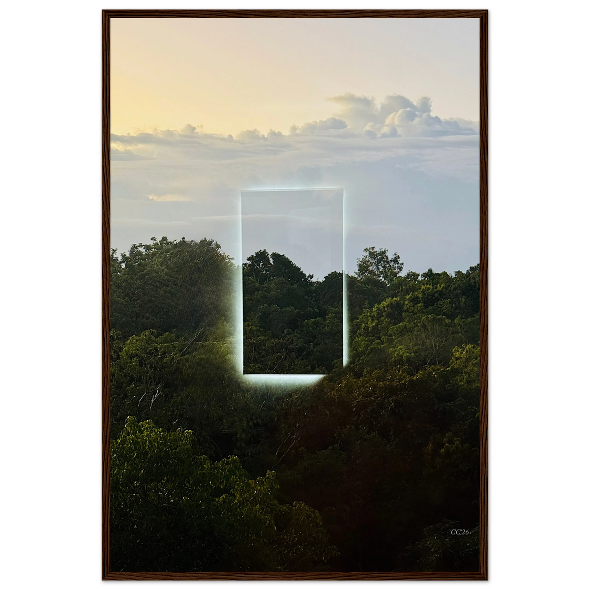 Color print by CaliCuration titled "A Window into Jungle Stillness," showcasing vibrant jungle scene in an exclusive edition of 5.