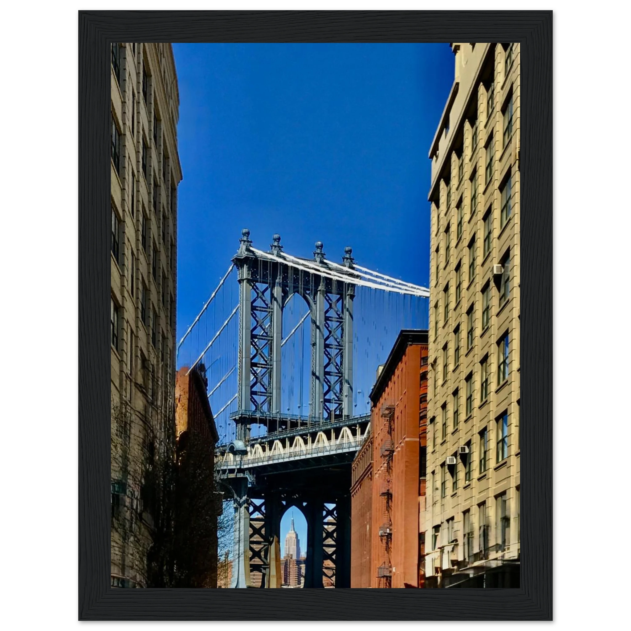 NYC Dumbo skyline wooden framed print by CaliCuration, featuring spring day travel wall art in a studio edition.