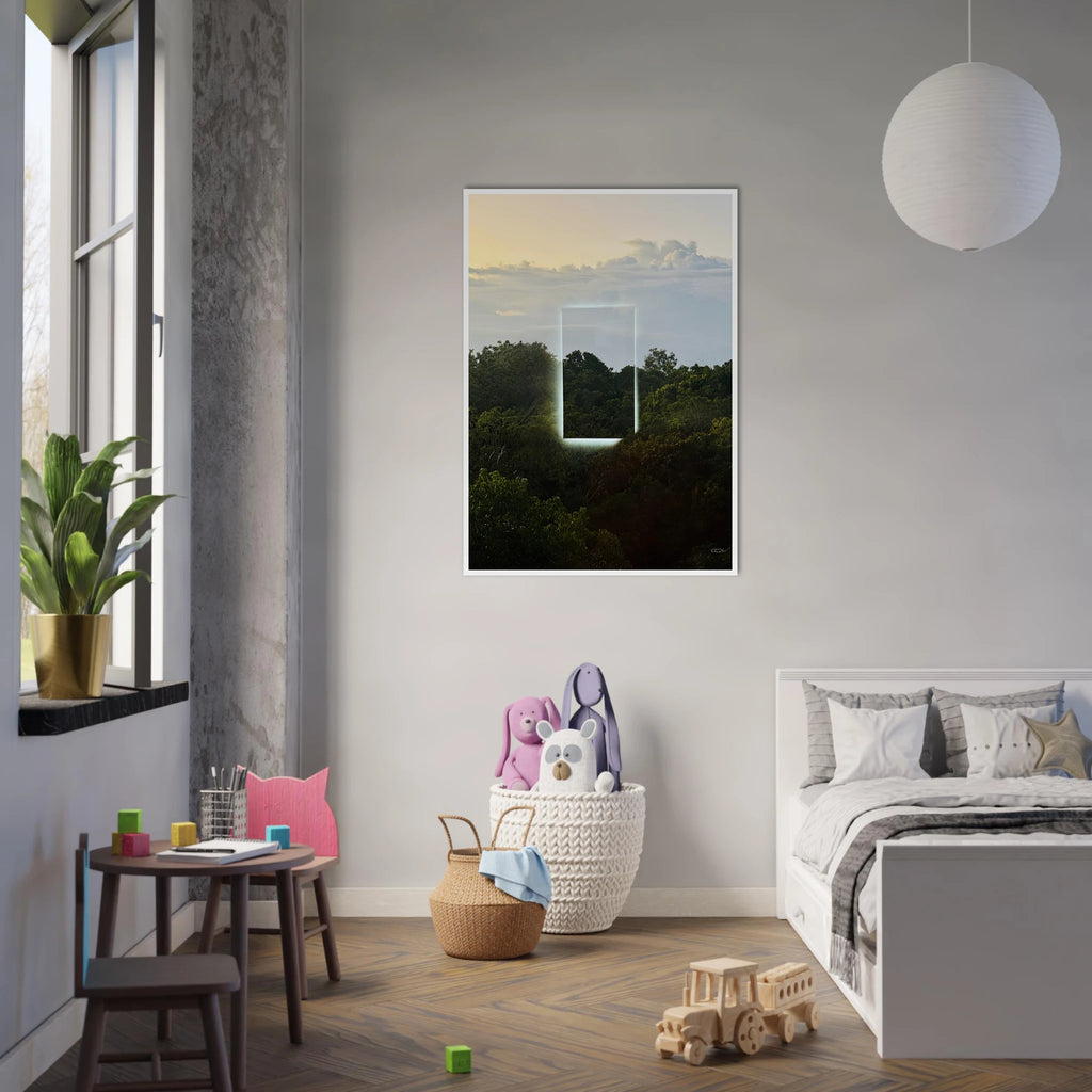 Color print titled "A Window into Jungle Stillness" by CaliCuration, showcasing lush jungle scene in vibrant colors.