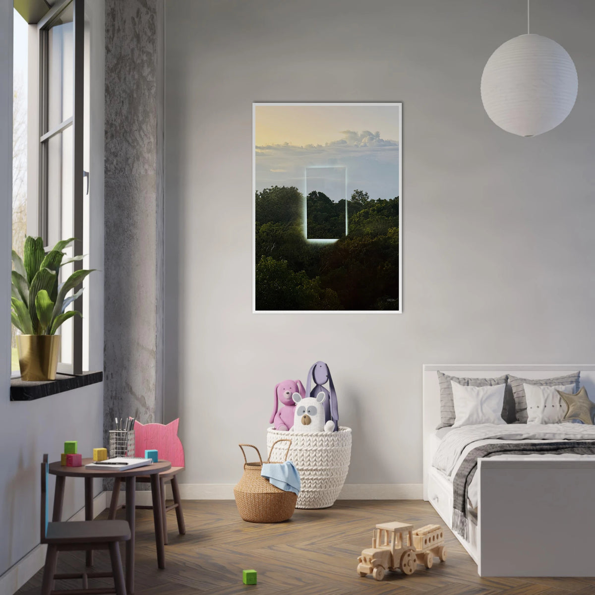Color print titled "A Window into Jungle Stillness" by CaliCuration, showcasing lush jungle scene in vibrant colors.