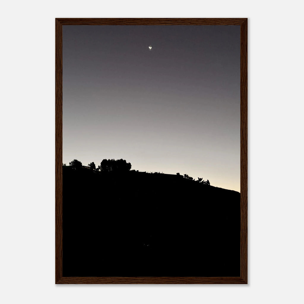 Wooden framed black and white poster of the Hollywood Hills moonrise from the Fall New Moon series, studio edition print art.
