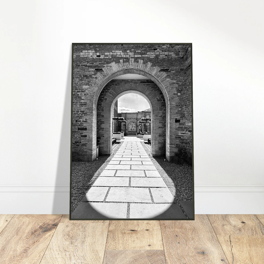 Black and white Cotswolds Estate aluminum framed poster featuring summer light and shadows, part of the Studio Edition travel art collection.