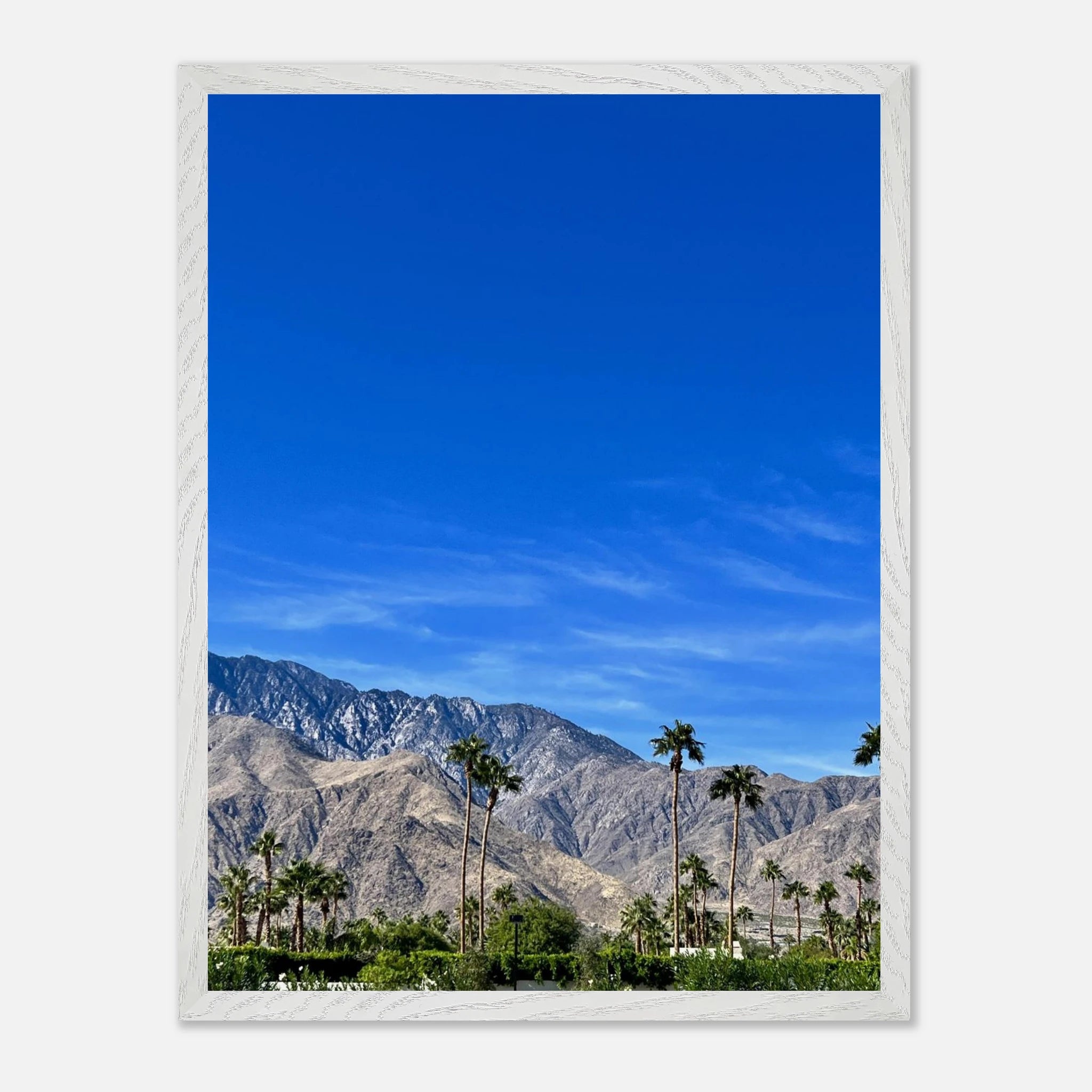 Premium wooden framed poster of a sunny fall day in Palm Springs California, featuring vibrant autumn colors and scenic landscape art.