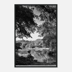 Black and white framed print of Upstate NY summer lake scene from the Travel Collection, Studio Edition, Holiday 25.