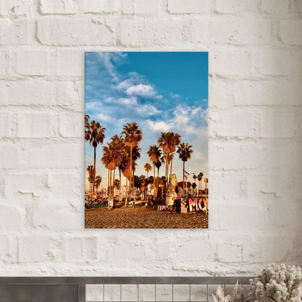 SoCal Beach canvas print featuring palm trees and graffiti California wall art, showcasing vibrant coastal scene on high-quality print material.
