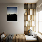 Black and white framed print of Hollywood Hills with city lights, part of the Summer Hike California poster art series.