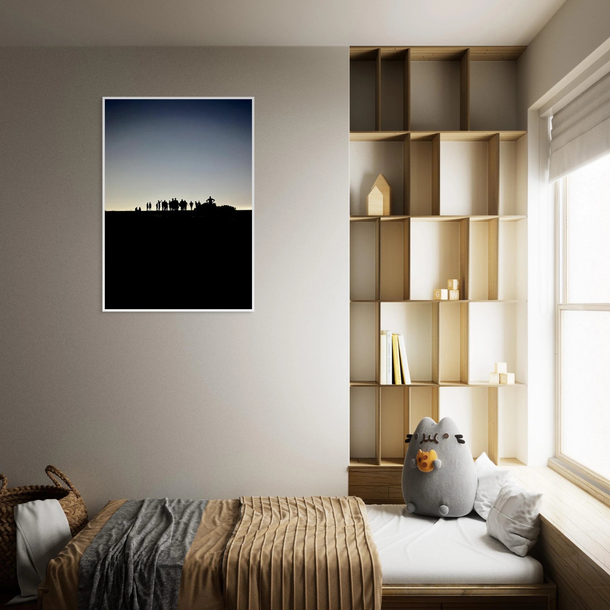 Black and white framed print of Hollywood Hills with city lights, part of the Summer Hike California poster art series.