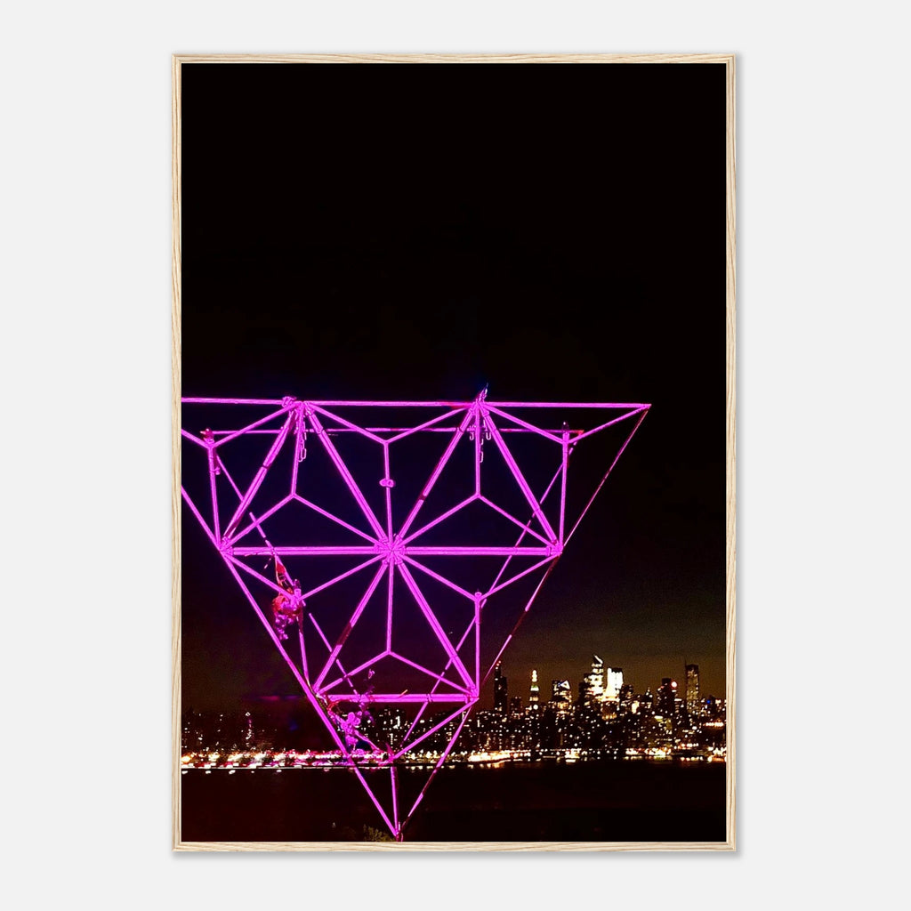 Framed print of New York City holiday art installation featuring a stunning Manhattan night view with Empire State Building, travel collection.