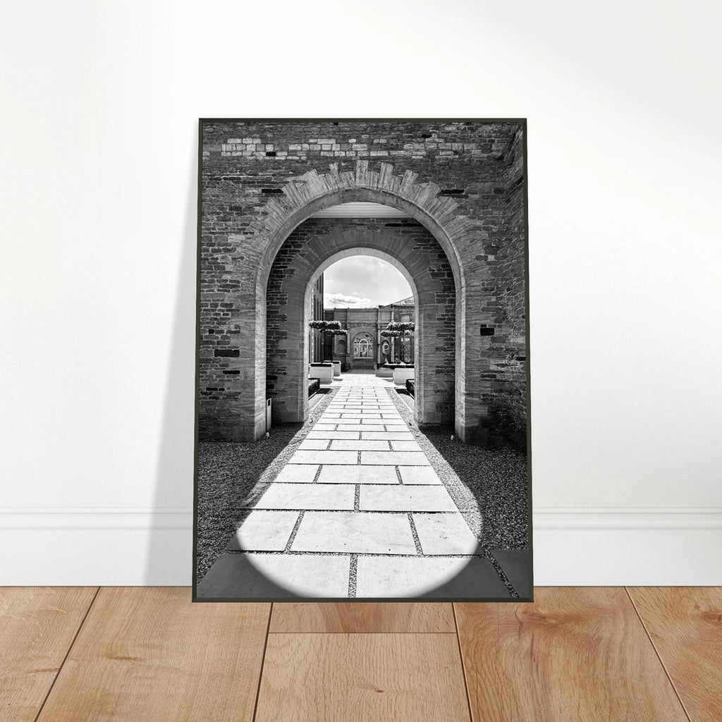 Black and white Cotswolds Estate aluminum framed poster featuring summer light and shadows, part of the Studio Edition travel art collection.