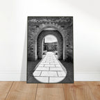 Black and white Cotswolds Estate aluminum framed poster featuring summer light and shadows, part of the Studio Edition travel art collection.