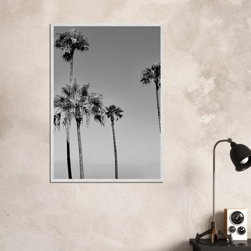 Black and white California poster art in a premium wooden frame featuring SoCal beach icons, semi-glossy finish.