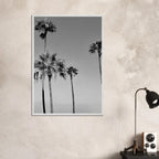 Black and white California poster art in a premium wooden frame featuring SoCal beach icons, semi-glossy finish.