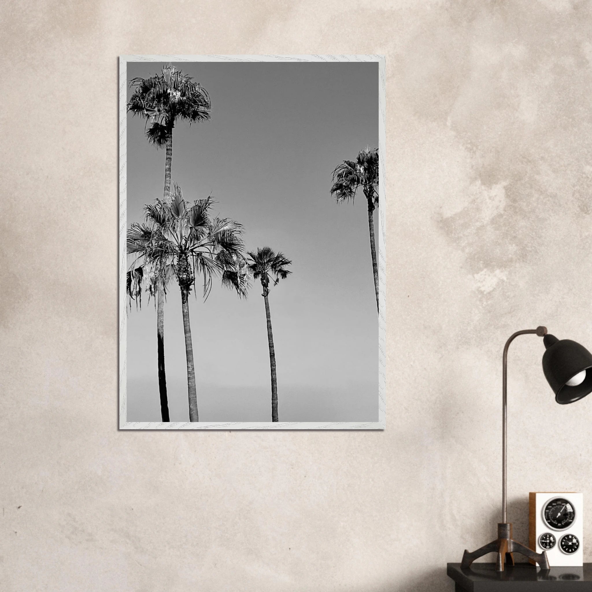 Black and white California poster art in a premium wooden frame featuring SoCal beach icons, semi-glossy finish.