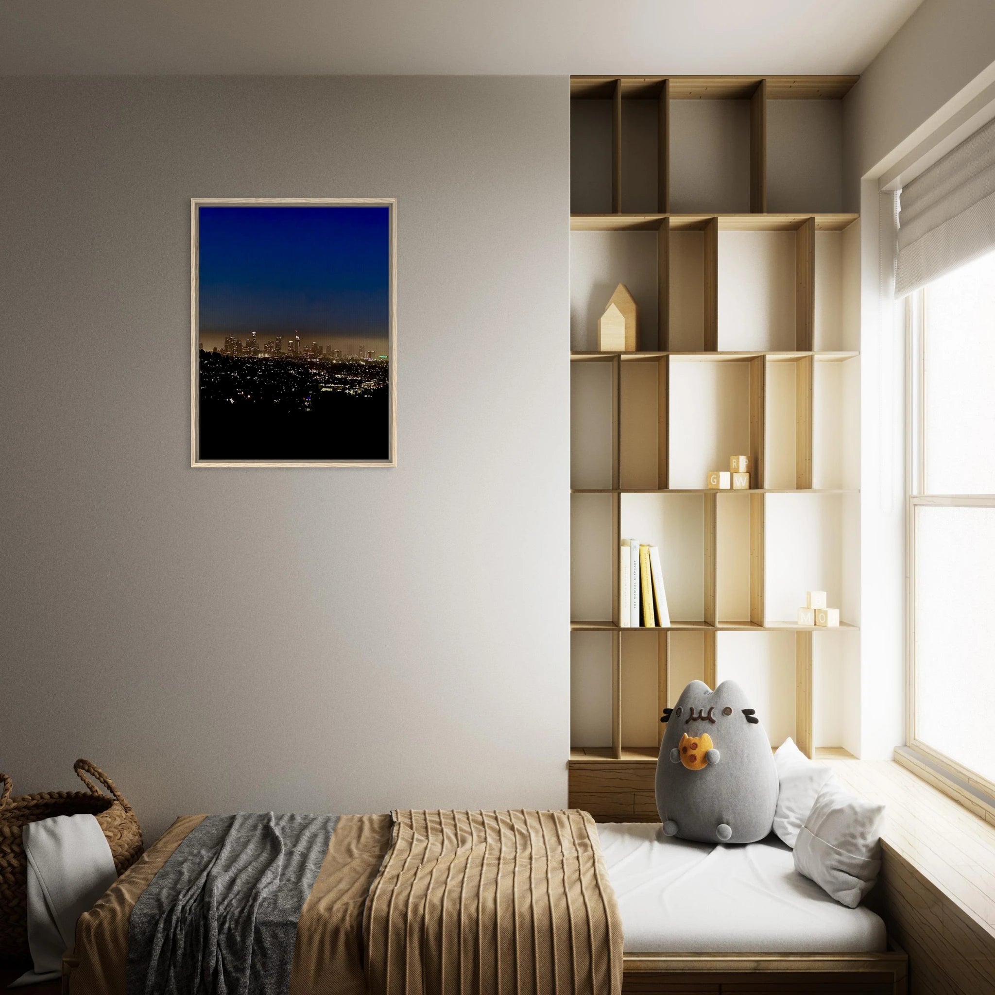 Premium wooden framed canvas print of Los Angeles Downtown Nightglow, elegant California wall art, studio edition holiday 25.