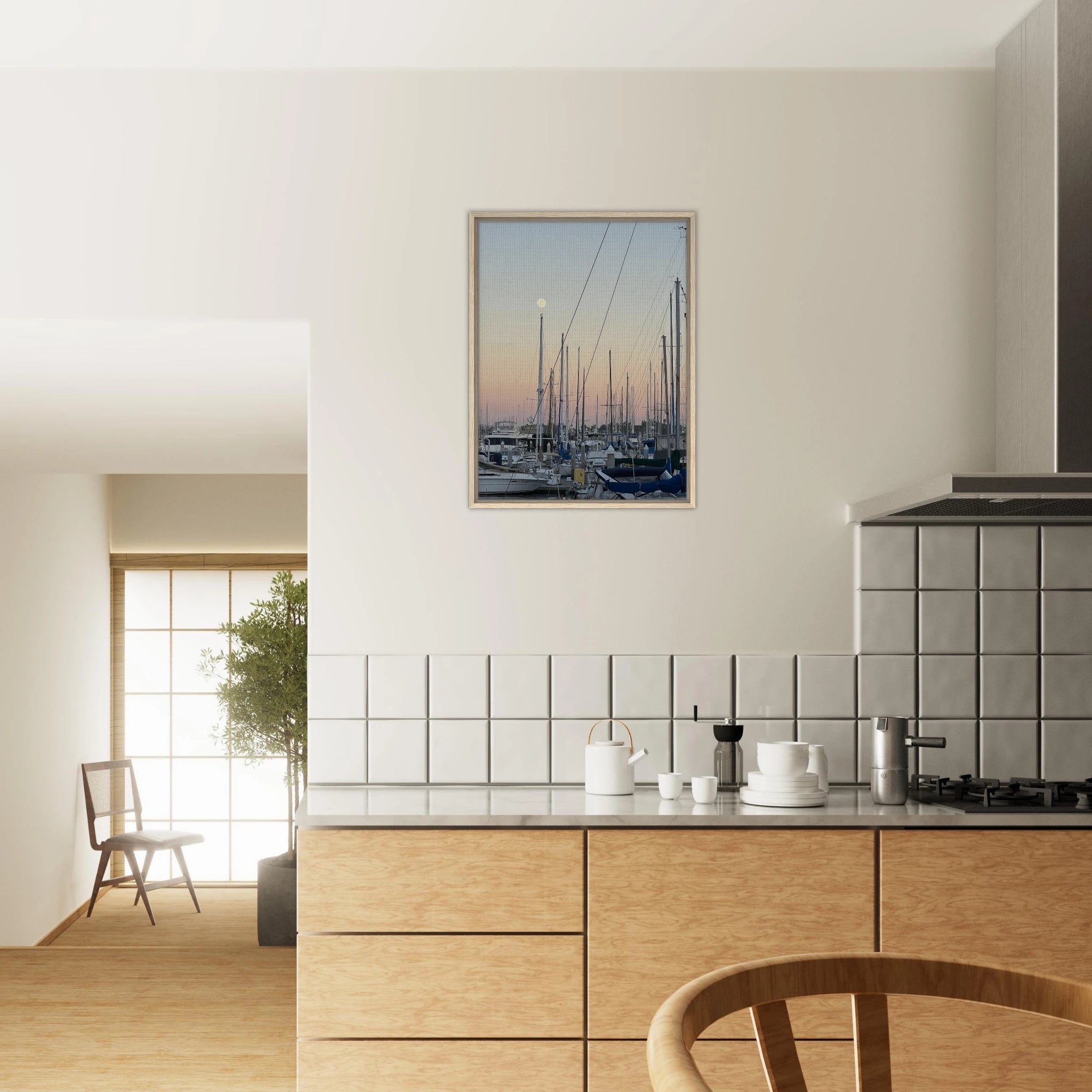 Framed canvas print of Summer Evening Marina Del Rey with nautical themes and chic tones, showcasing California coastal scenery.