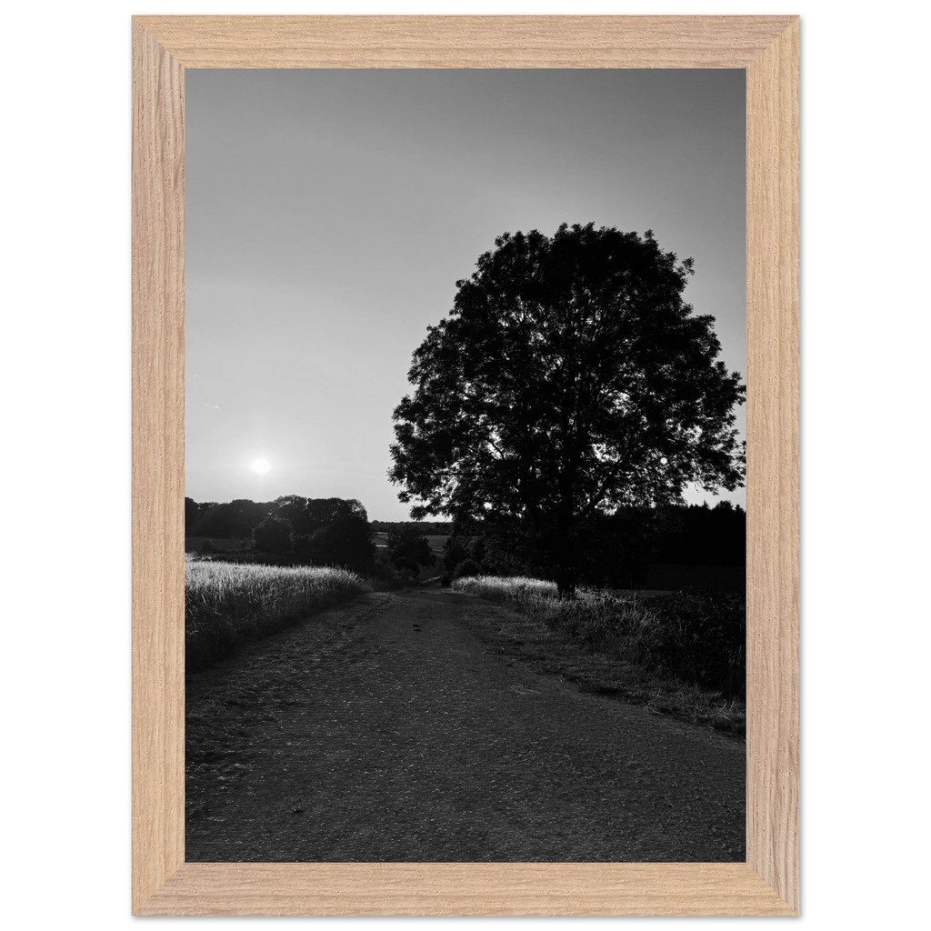 Mounted wooden framed poster of a summer scene in the English Cotswolds, black and white travel print from My Store's holiday series.
