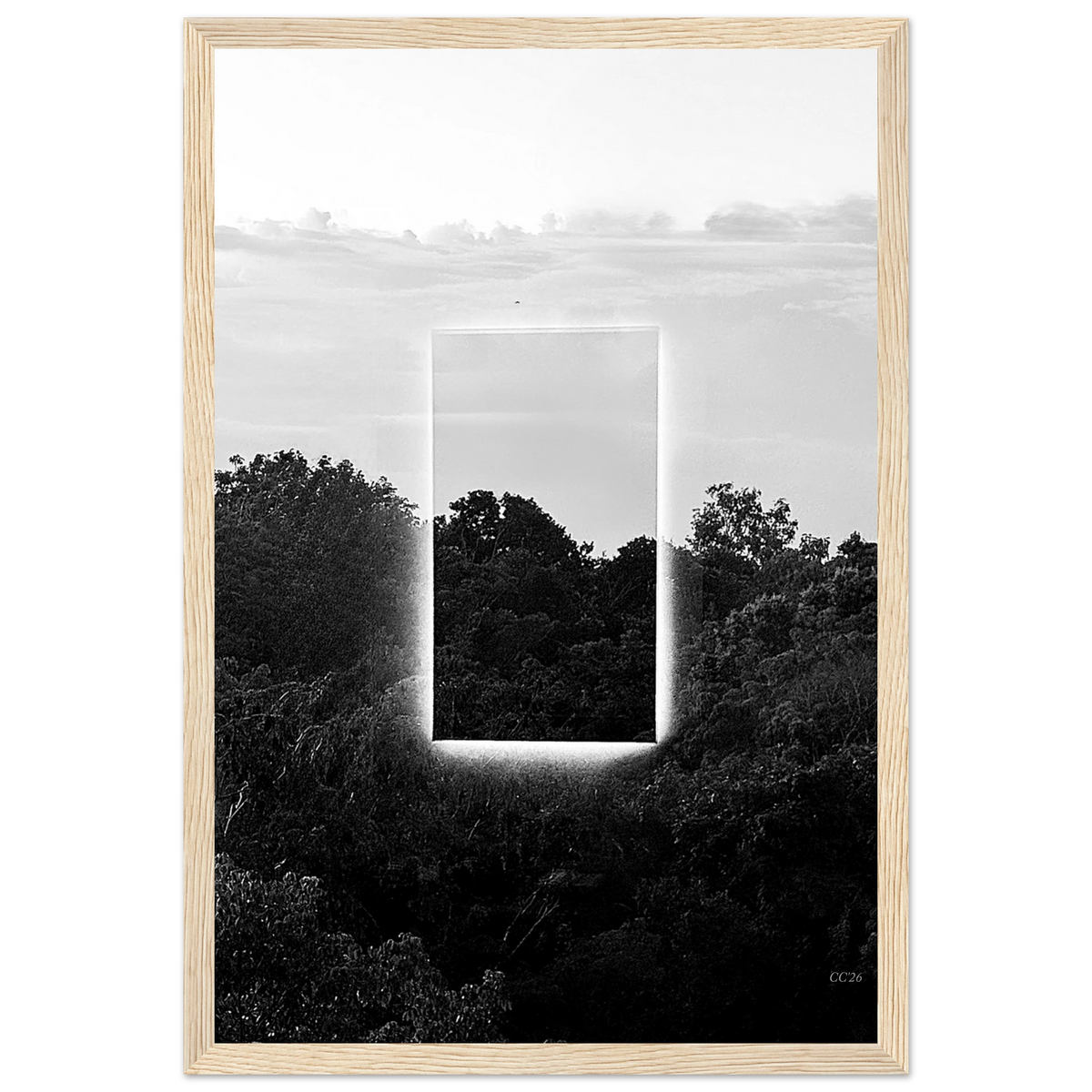 Black and white print titled "A Window into Jungle Stillness" by CaliCuration, showcasing a serene jungle scene through a window.