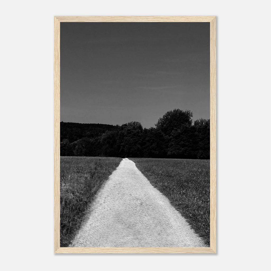 Semi-glossy paper framed poster of a black and white summer road scene from the Holiday 25 Travel Collection by My Store.