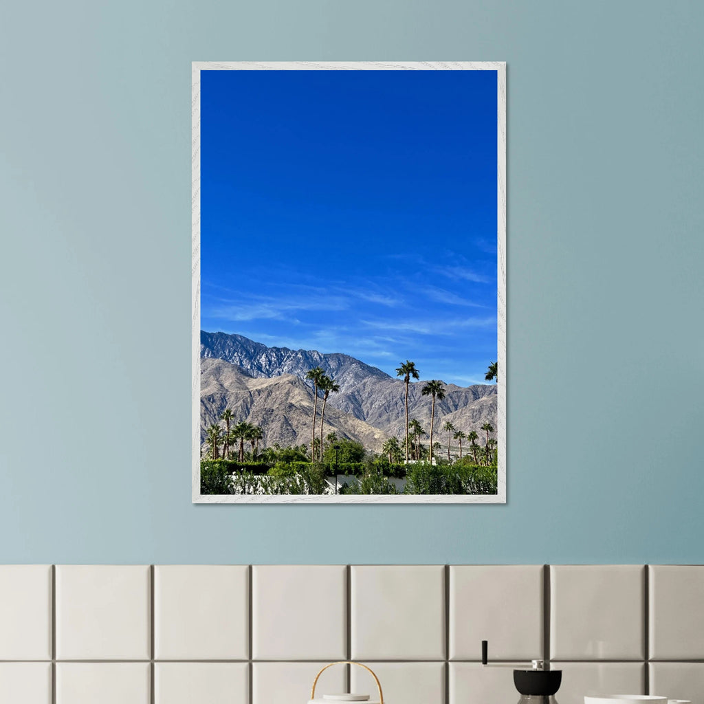 Premium wooden framed poster of a sunny fall day in Palm Springs, California, featuring vibrant autumn scenery and artistic print details.