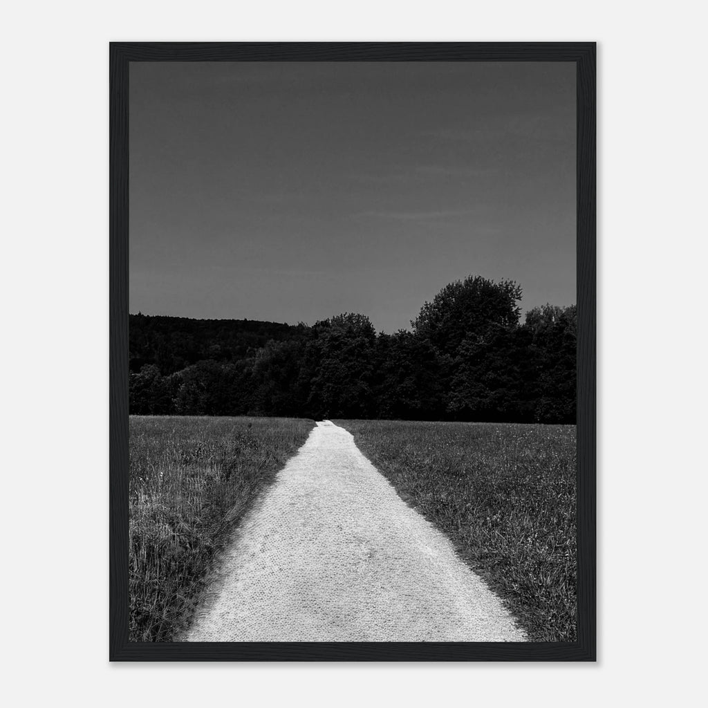 Black and white framed poster of a summer road scene from the Travel Collection, showcasing timeless travel-inspired art.