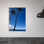 Framed Hawaii travel poster featuring iconic palm tree twins and Pacific waves, Studio Edition print by CaliCuration.