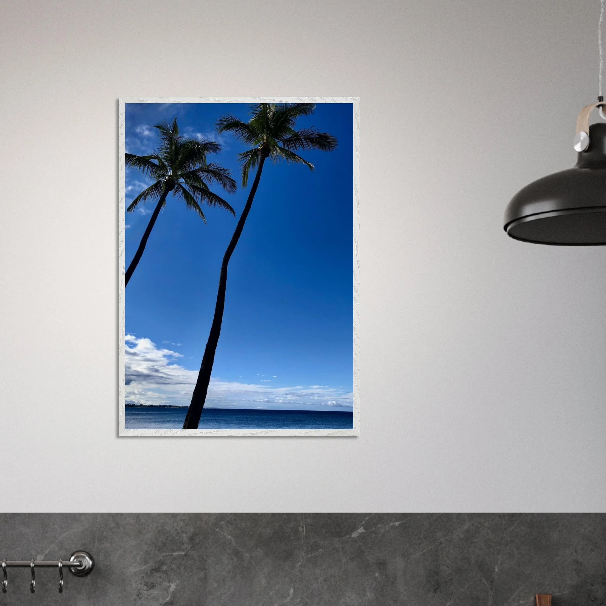 Framed Hawaii travel poster featuring iconic palm tree twins and Pacific waves, Studio Edition print by CaliCuration.