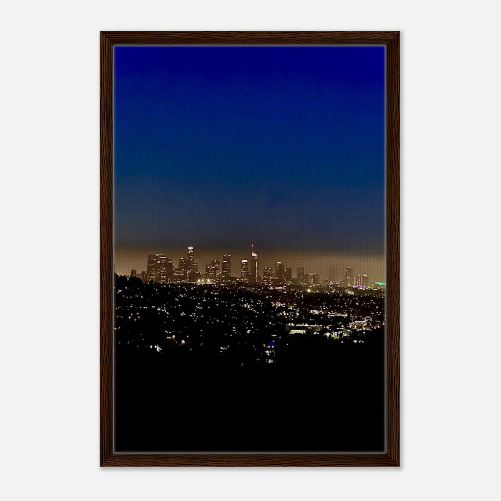 Premium wooden framed canvas print of Los Angeles Downtown Nightglow, elegant home wall art featuring California cityscape.