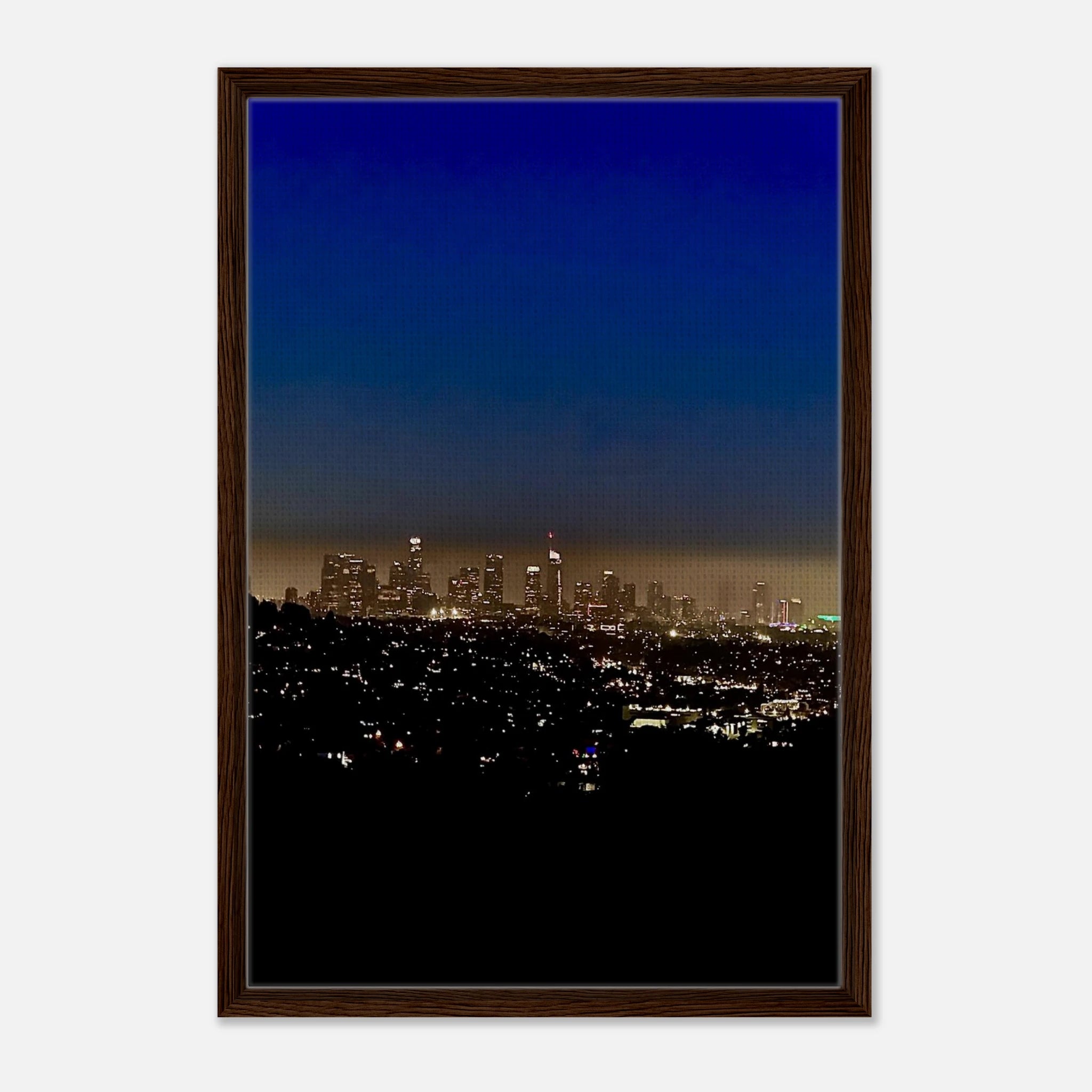 Premium wooden framed canvas print of Los Angeles Downtown Nightglow, elegant home wall art featuring California cityscape.