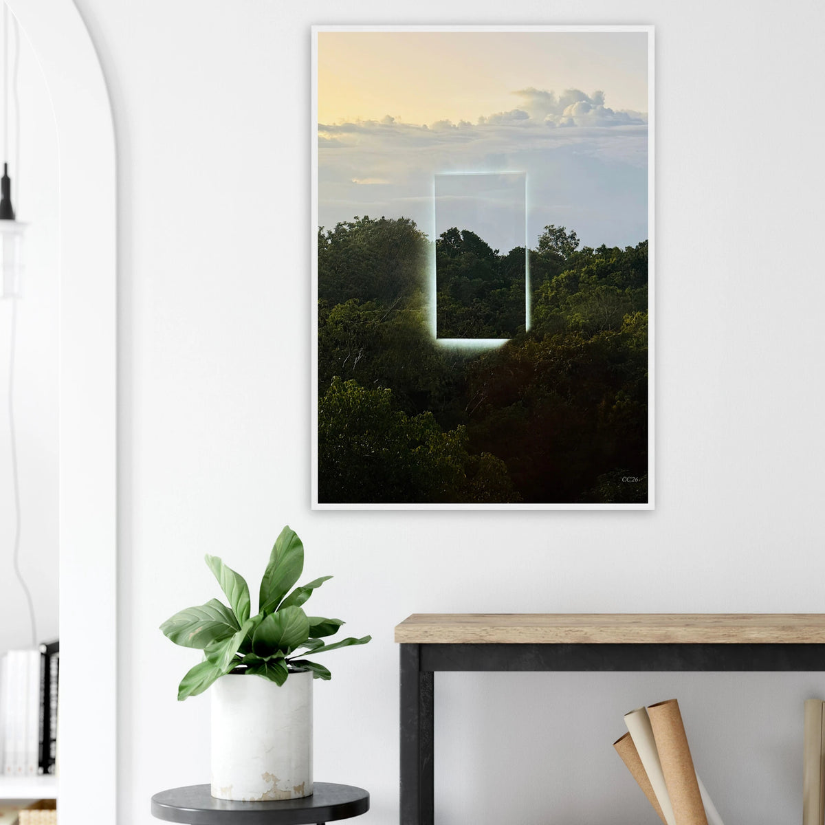 Color print of "A Window into Jungle Stillness" by CaliCuration, showcasing a tranquil jungle scene in an exclusive edition.