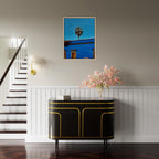 Oaxaca streets scene with palm trees in blue framed canvas artwork by CaliCuration, part of the Mexico travel collection.