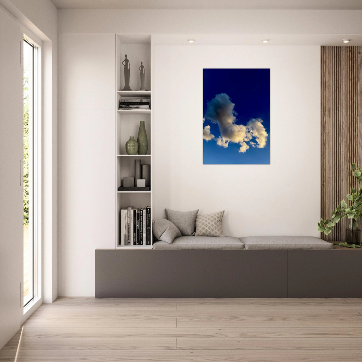 Dog Cloud aluminum print wall art featuring a serene Tulum cloud scene, perfect for modern home decor by CaliCuration.