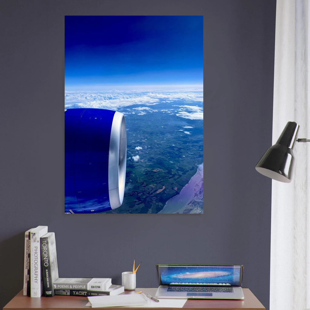 Aluminum print of a cross-Atlantic airplane turbine view from the travel collection, showcasing detailed aviation artwork.