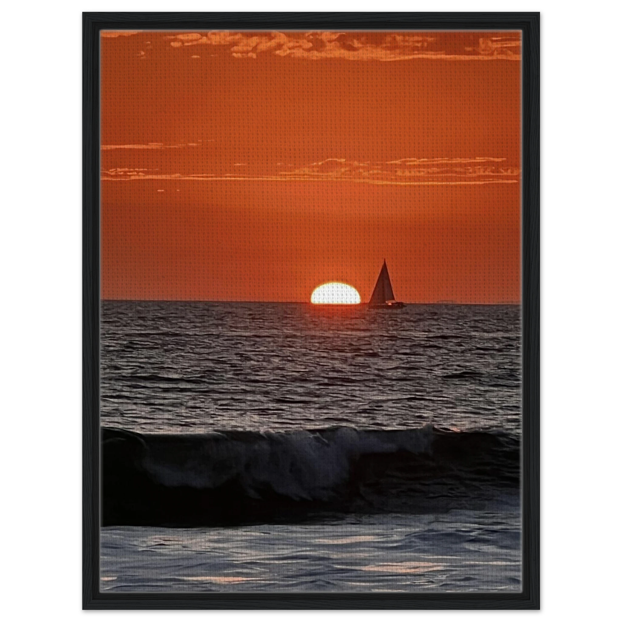 Wooden framed canvas print of California Red Sunset Series 4/4 by CaliCuration showcasing vibrant red hues in a studio edition.