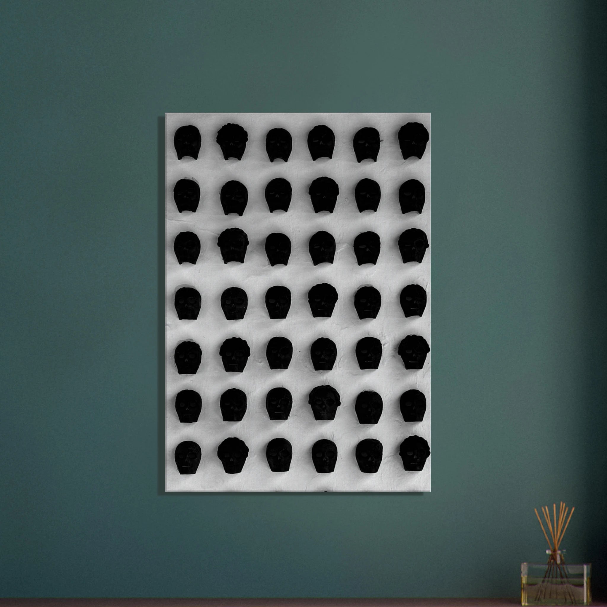 Black and white monochrome skull grid canvas wall art, minimalist abstract photography print from the Travel Collection Studio Edition.
