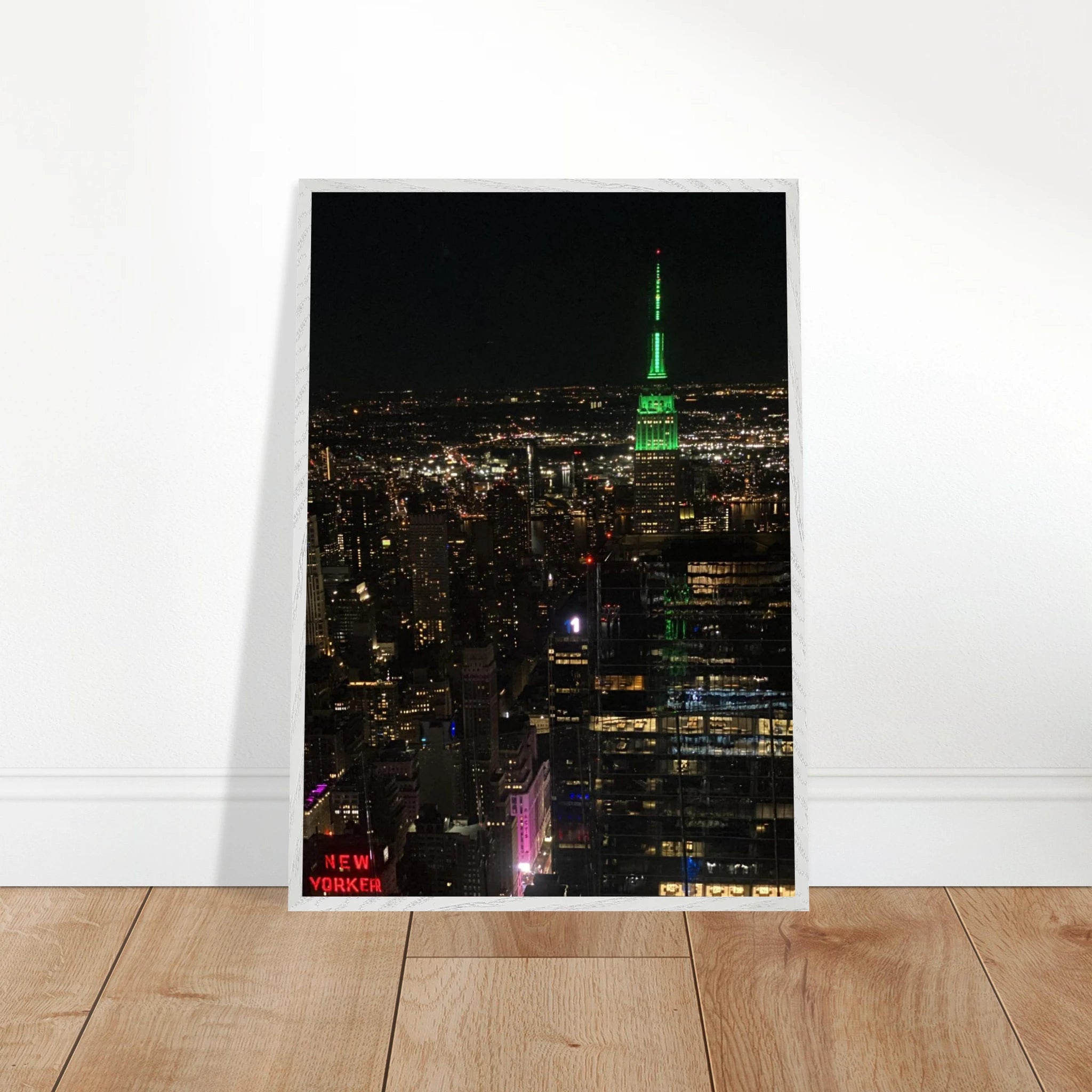 Wood-mounted framed poster of NYC downtown night view with Empire State Building, from the My Store travel collection.