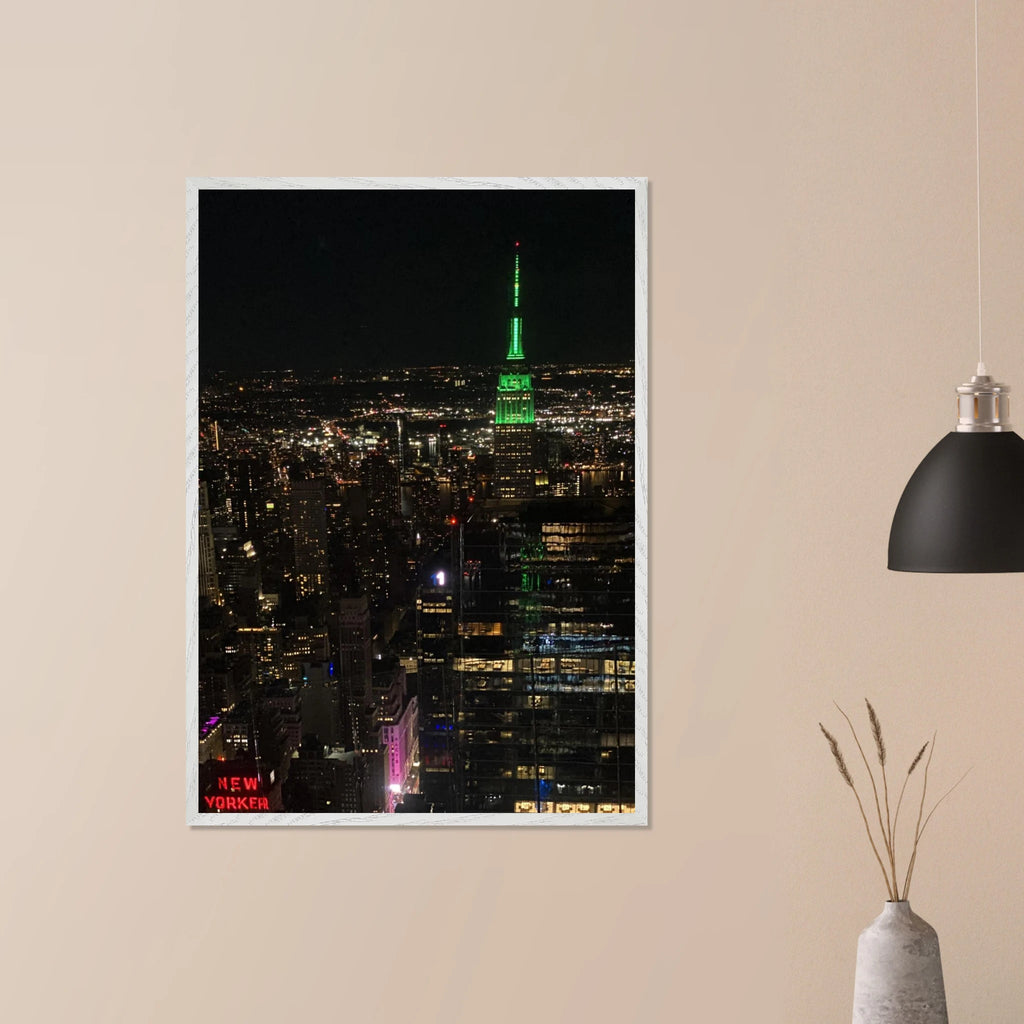 Wood mounted framed poster of NYC downtown night view with Empire State Building, part of Travel Collection Studio Edition.