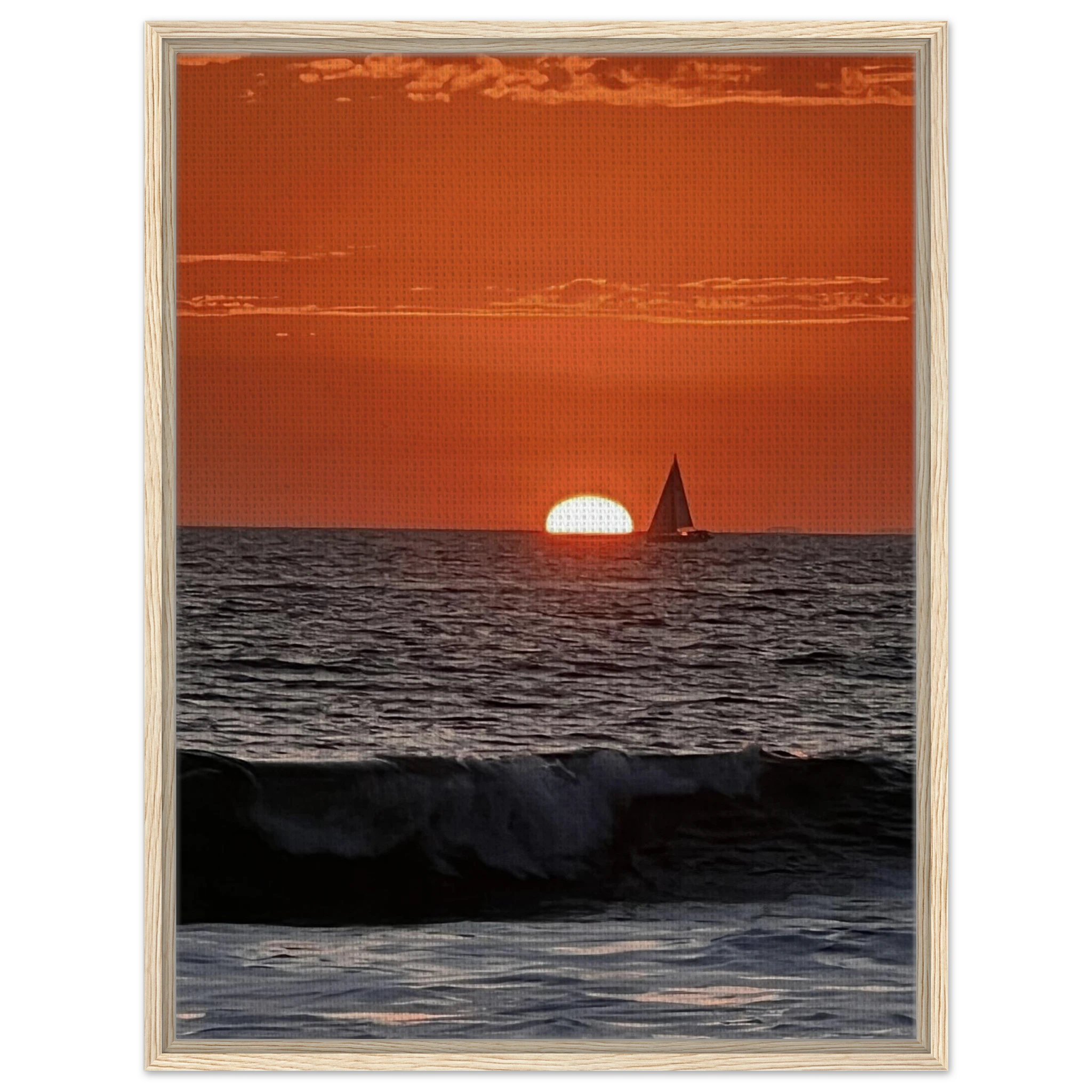 Wooden framed canvas print of California Red Sunset Series 4/4 by CaliCuration, featuring vibrant red hues in a captivating sunset scene.