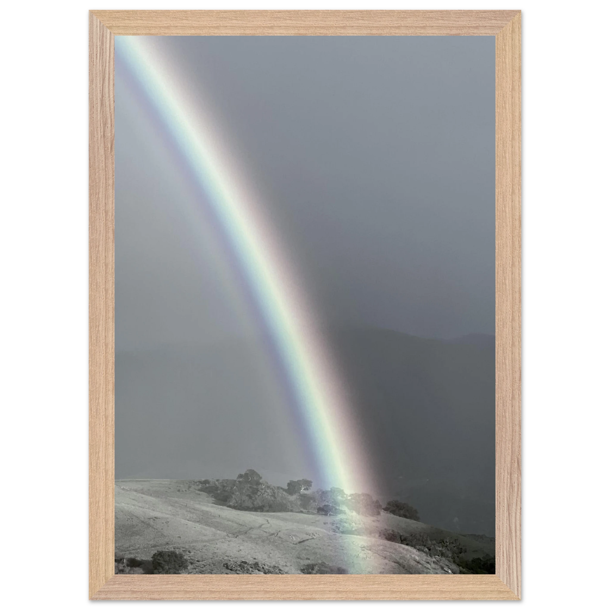 Black and white mounted framed poster of a rainbow after summer storm, part of the California Central Coast travel collection.