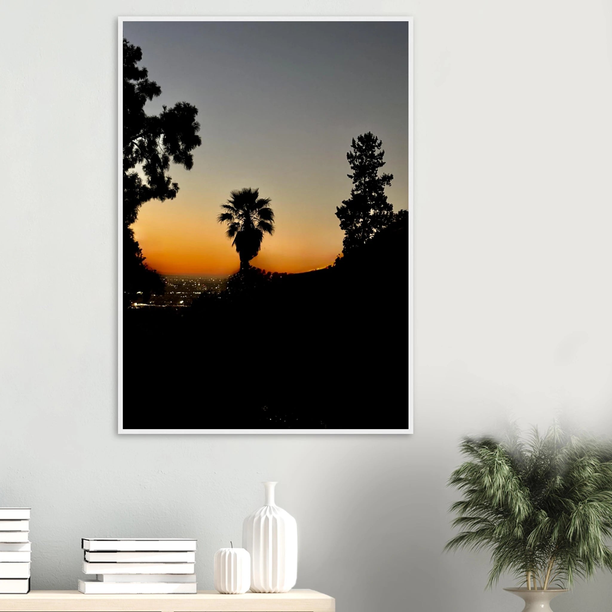 Winter Sunset Laurel Canyon Hollywood Hills framed poster, California art print by My Store, showcasing a vibrant sunset scene.