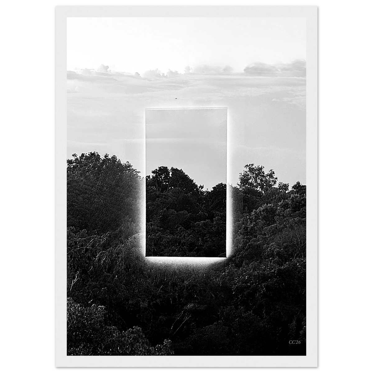 Black and white print titled "A Window into Jungle Stillness" by CaliCuration, showcasing a serene jungle scene in a limited edition.