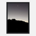 Wooden framed semi-glossy poster of black and white Hollywood Hills moonrise, part of the Fall New Moon California art series.