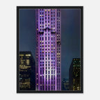 Framed canvas print of NYC holiday skyline in purple, part of the Travel Collection Studio Edition, showcasing vibrant cityscape art.