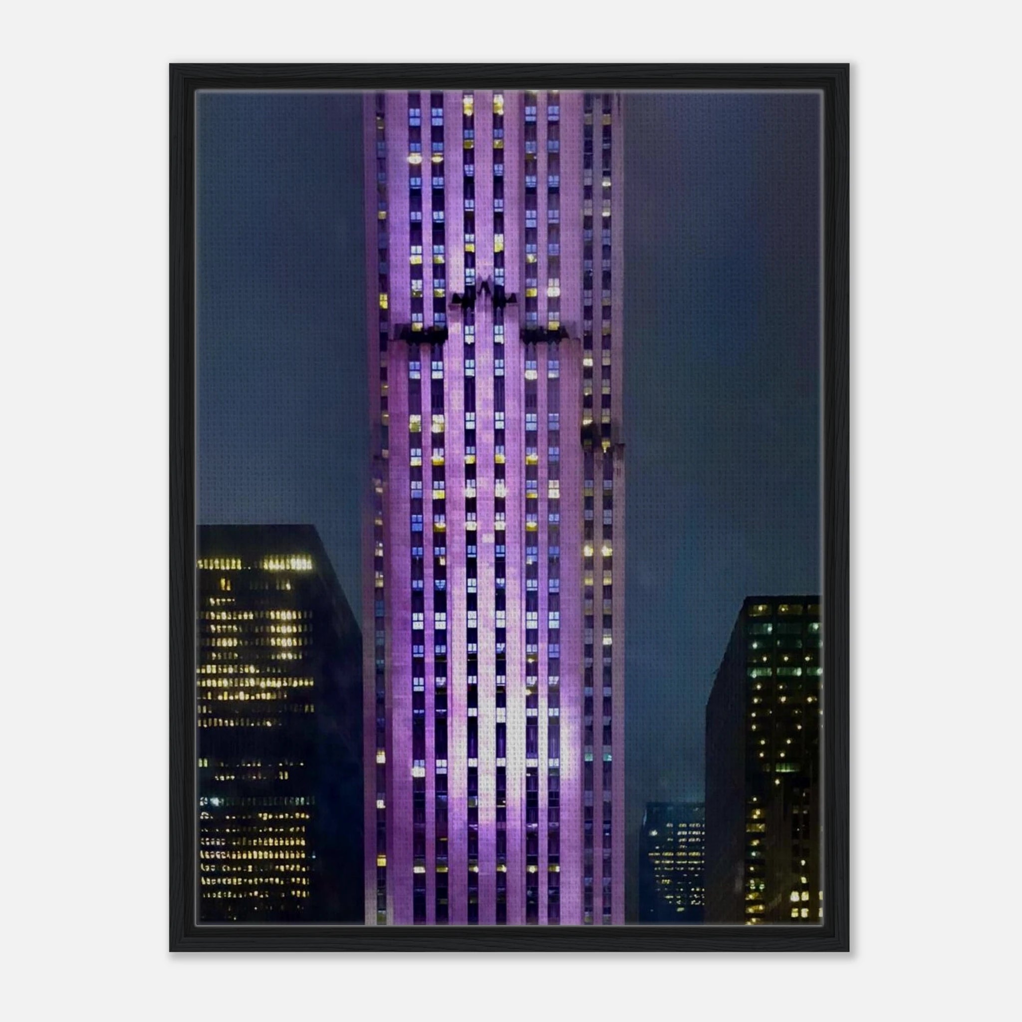 Framed canvas print of NYC holiday skyline in purple, part of the Travel Collection Studio Edition, showcasing vibrant cityscape art.