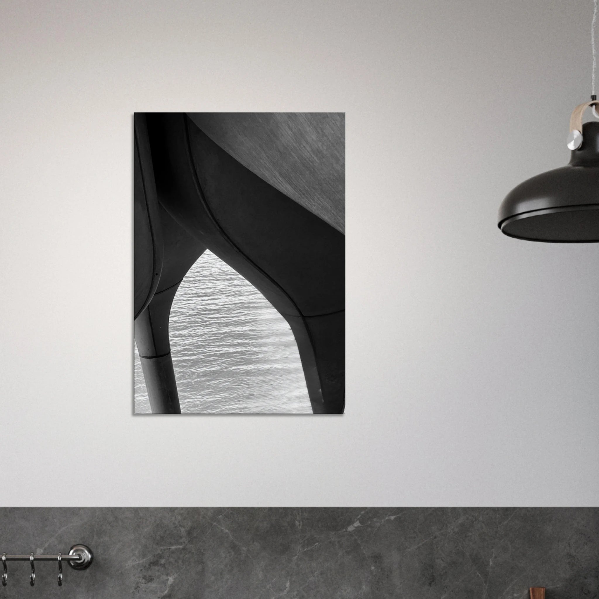 Black and white abstract canvas print of NYC Hudson River pier with high heels in water, part of the Studio Edition Travel Collection.