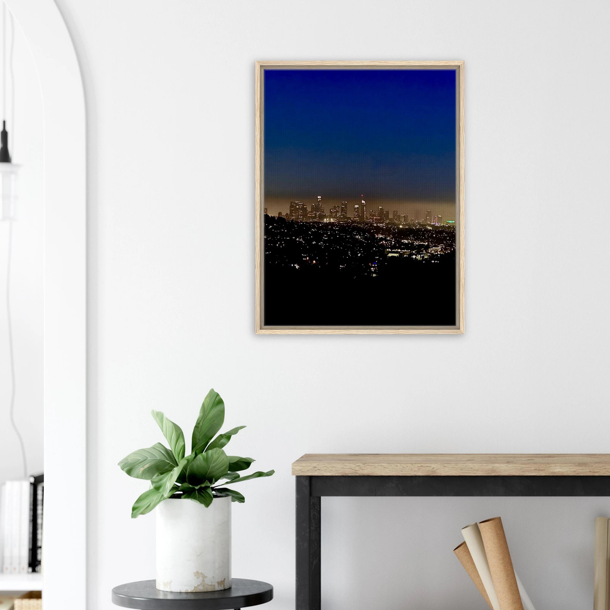 Premium wooden framed canvas print of Los Angeles Downtown Nightglow, elegant California wall art, Studio Edition holiday decor