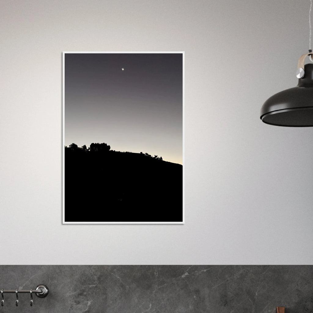 Black and white wooden framed print of Hollywood Hills moon poster, featuring California scenery in semi-glossy poster art style.
